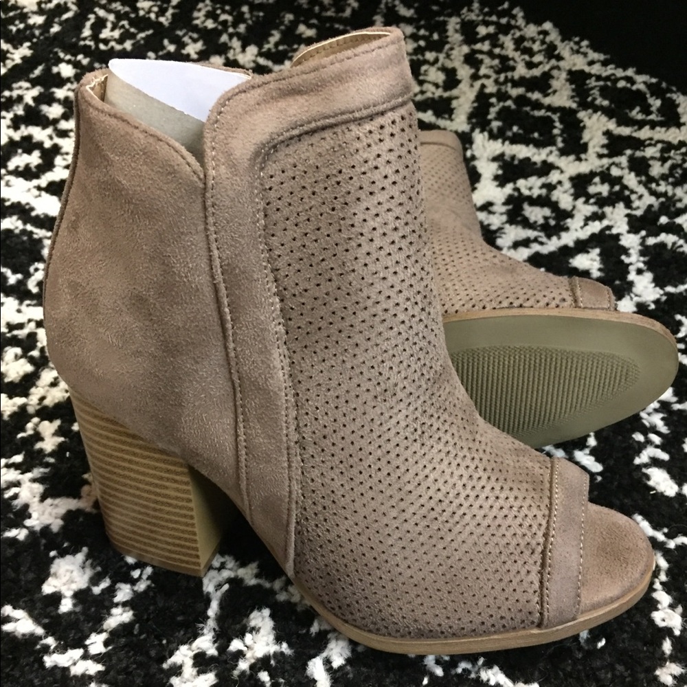 Taupe vegan suede open toe caged booties! 