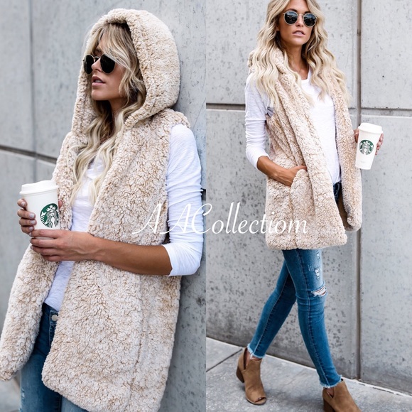 sherpa vest hoodie pockets beige or gray soft Sold - Picture 2 of 4