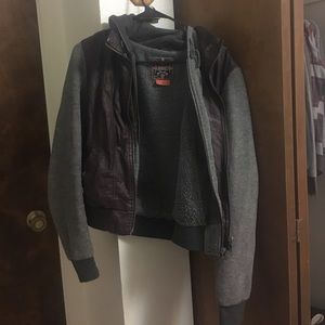 Maroon and gray pleather zip up jacket