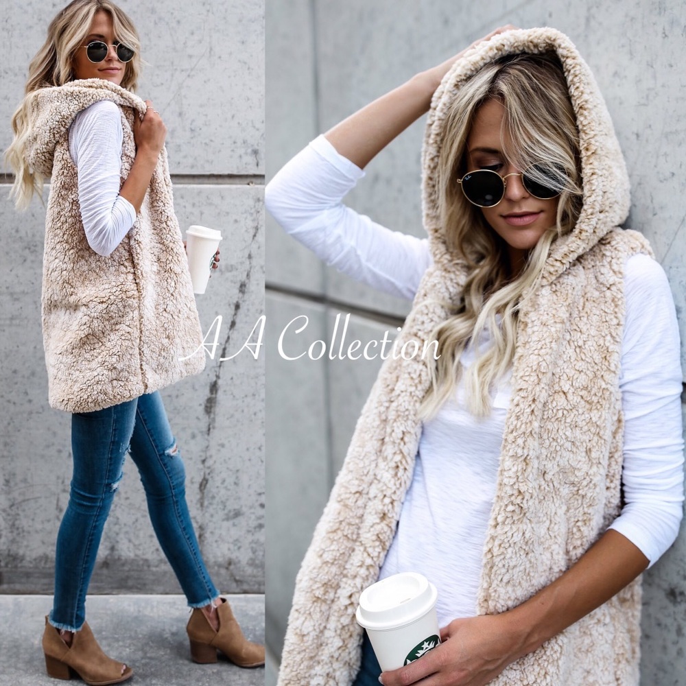 Sherpa Vest Hoodie pockets beige or gray sold - Picture 3 of 4