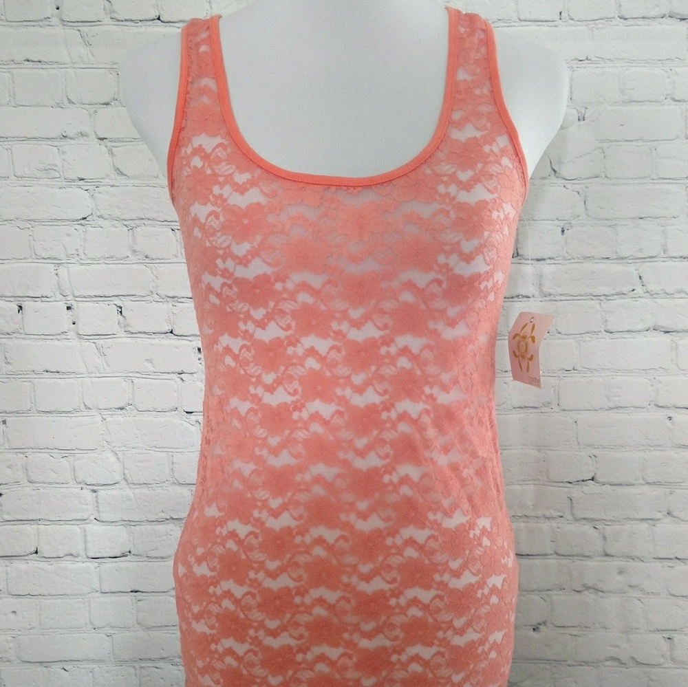 Modbe Womens Size L Peach Sheer Lace Layering Tank