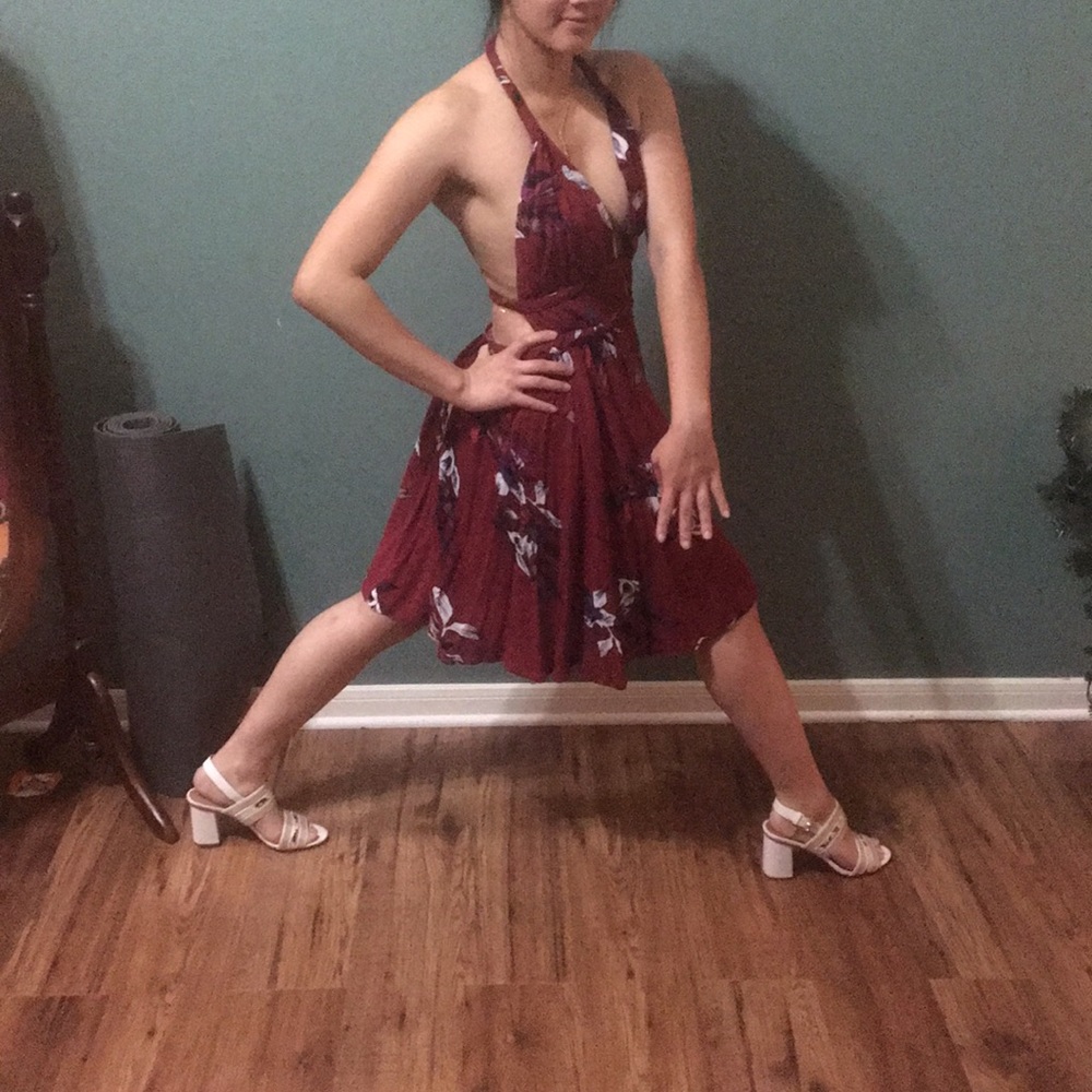 Red floral open back dress