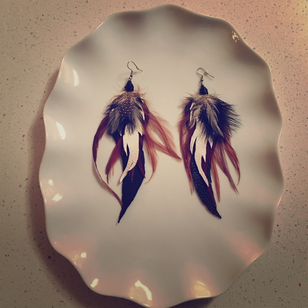 Best feather and leather earrings hand made 7”