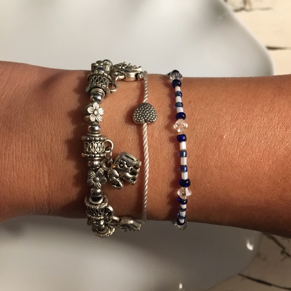 Silver elephant charm bracelet set 2pc