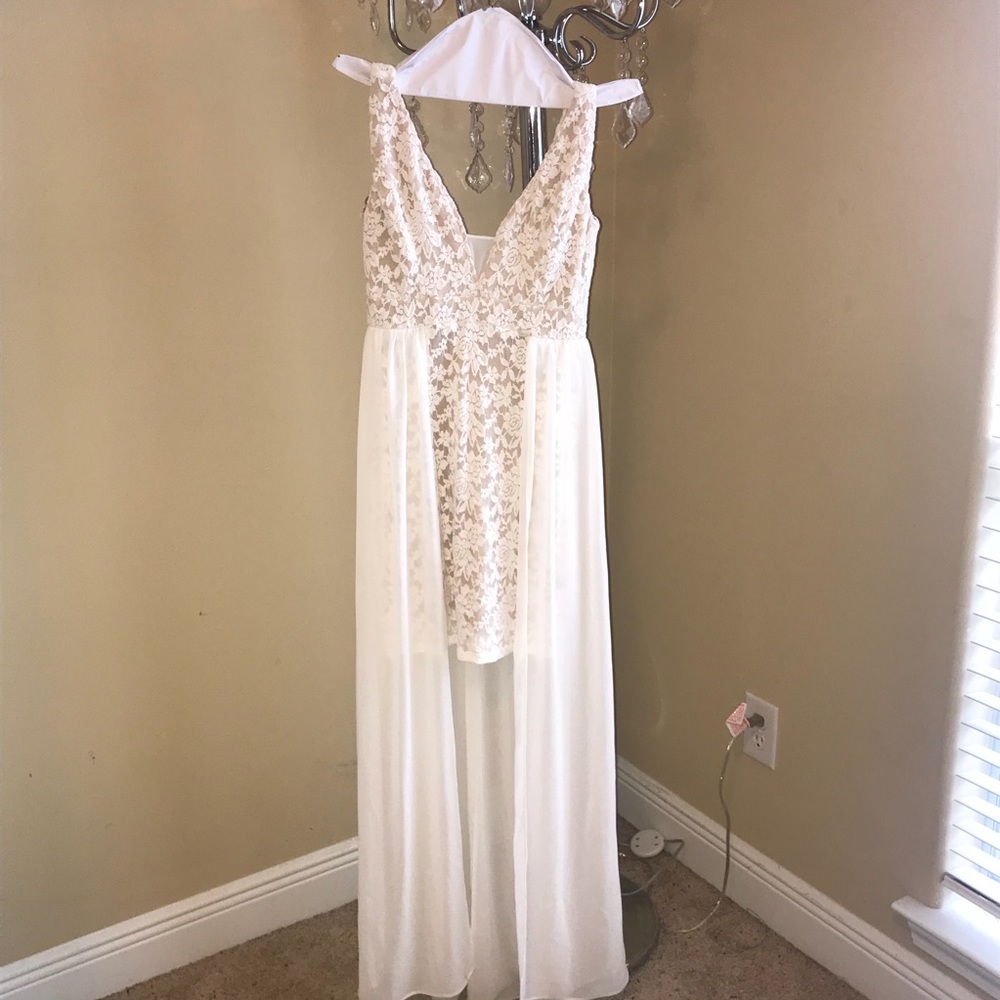 Lulus lace mini dress chiffon full length train