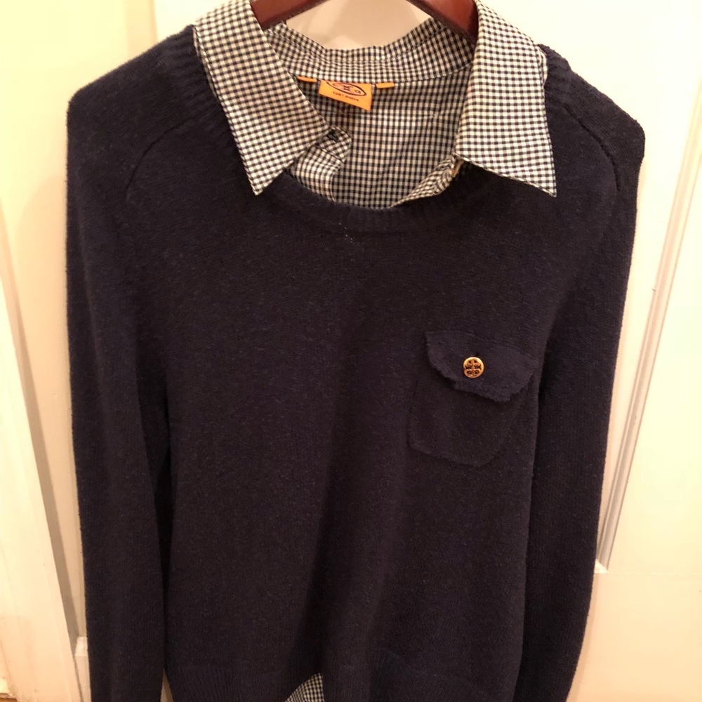 Stylish Tory Burch navy layered dickie sweater.
