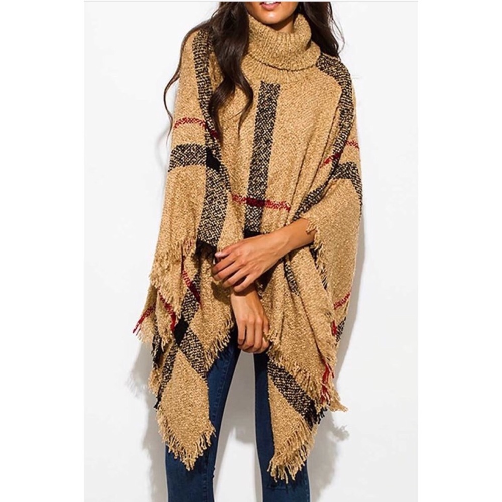 GIANT CHECKER PLAID FUZZY BOHO KNIT PONCHO TUNIC