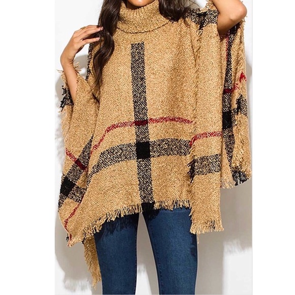 GIANT CHECKER PLAID FUZZY BOHO KNIT PONCHO TUNIC - Picture 2 of 7