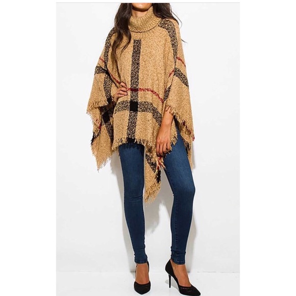 GIANT CHECKER PLAID FUZZY BOHO KNIT PONCHO TUNIC - Picture 5 of 7