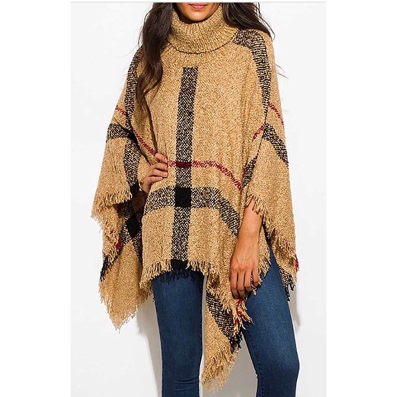 GIANT CHECKER PLAID FUZZY BOHO KNIT PONCHO TUNIC - Picture 6 of 7