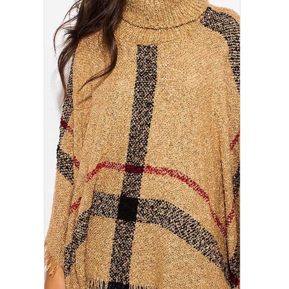 GIANT CHECKER PLAID FUZZY BOHO KNIT PONCHO TUNIC - Picture 7 of 7