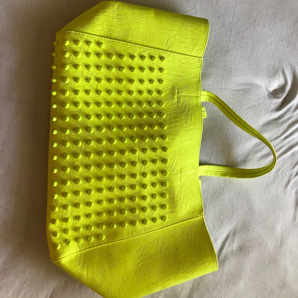 Neon yellow studded tote