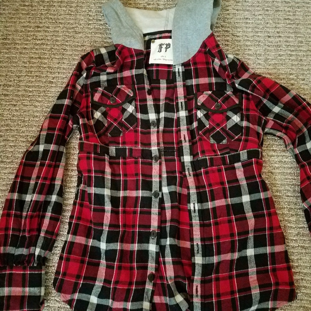 Great free people flannel shirt with hoodie.