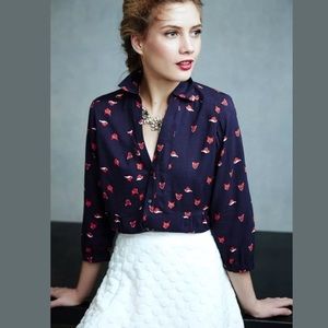 Anthropologie Maeve Woodland Walk Navy Fox Blouse