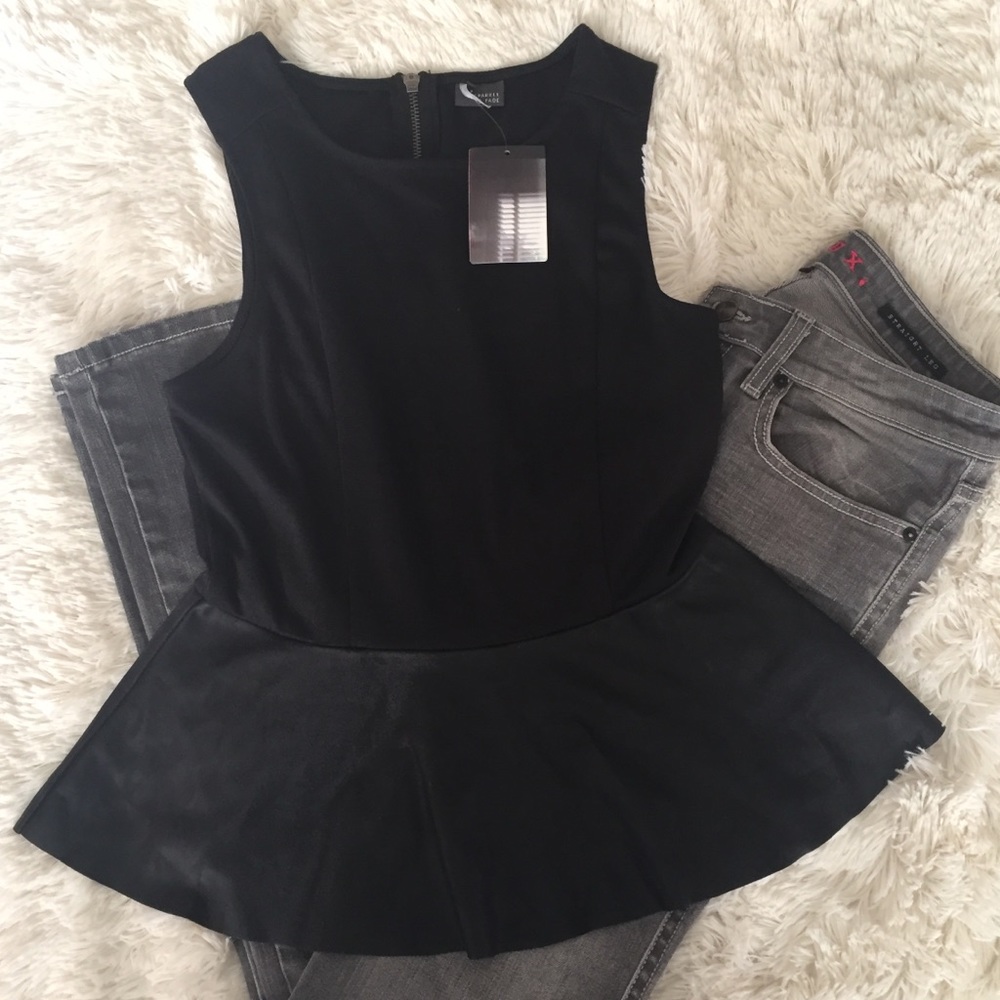 NWT Sparkle & Fade black vegan leather peplum top - Picture 2 of 8