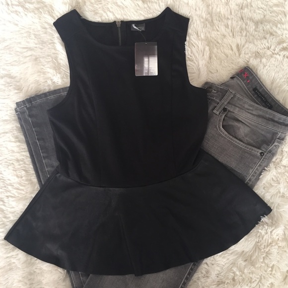 NWT Sparkle & Fade black vegan leather peplum top - Picture 2 of 8