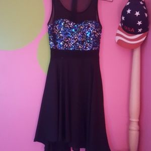 Black dress with blue and silver sparkles