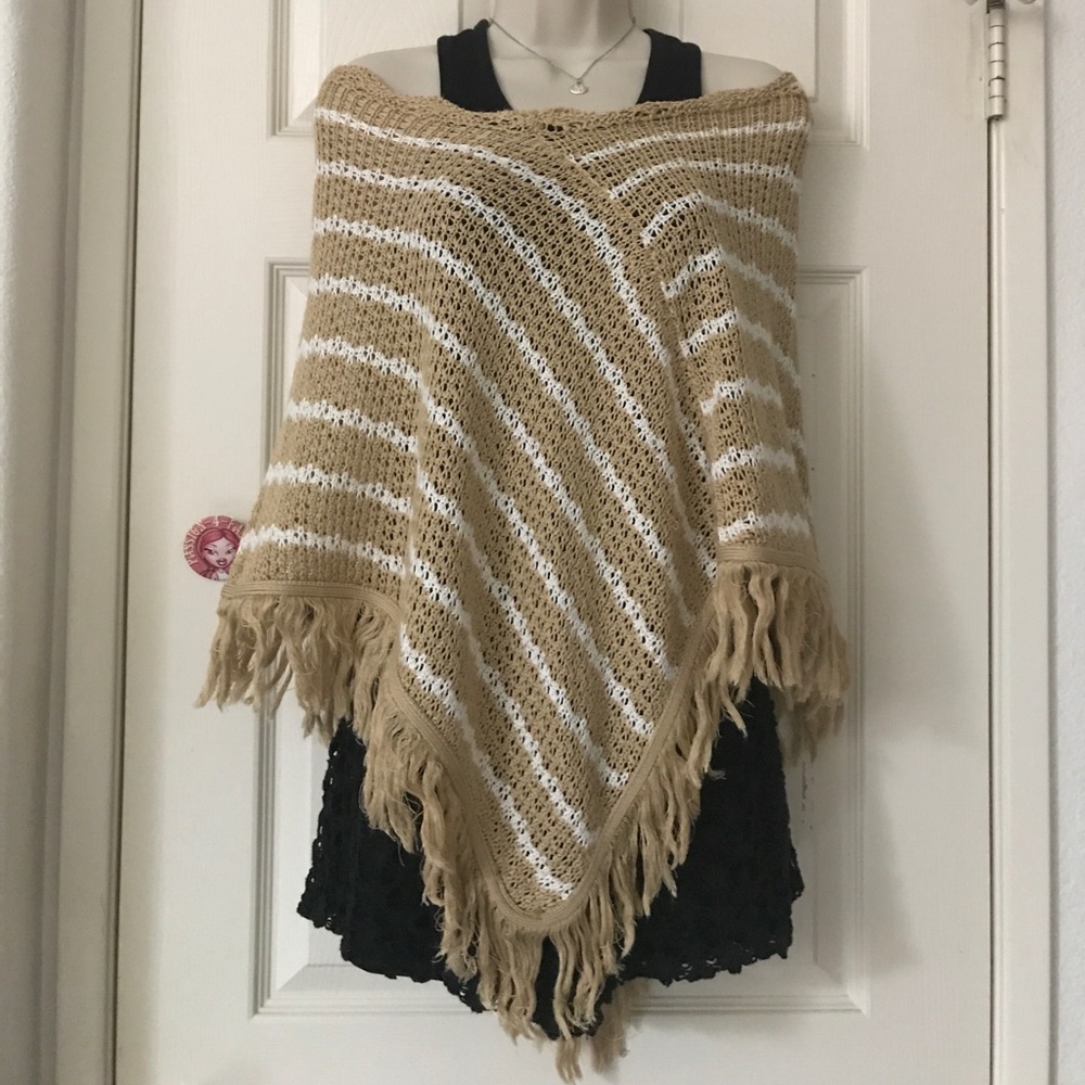 Tan & Cream Fringe Poncho Shawl