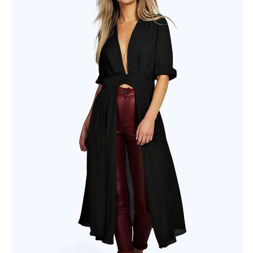 Plunge Neck Split Maxi Shirt