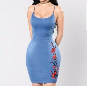 Demin and floral embroidered mini dress