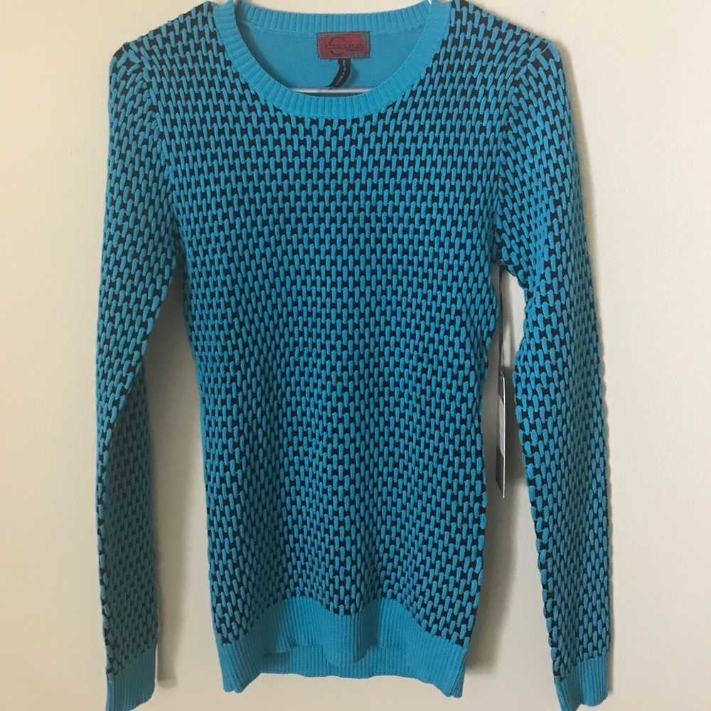 Teal & Black Houndstooth Scoop Neck Sweater