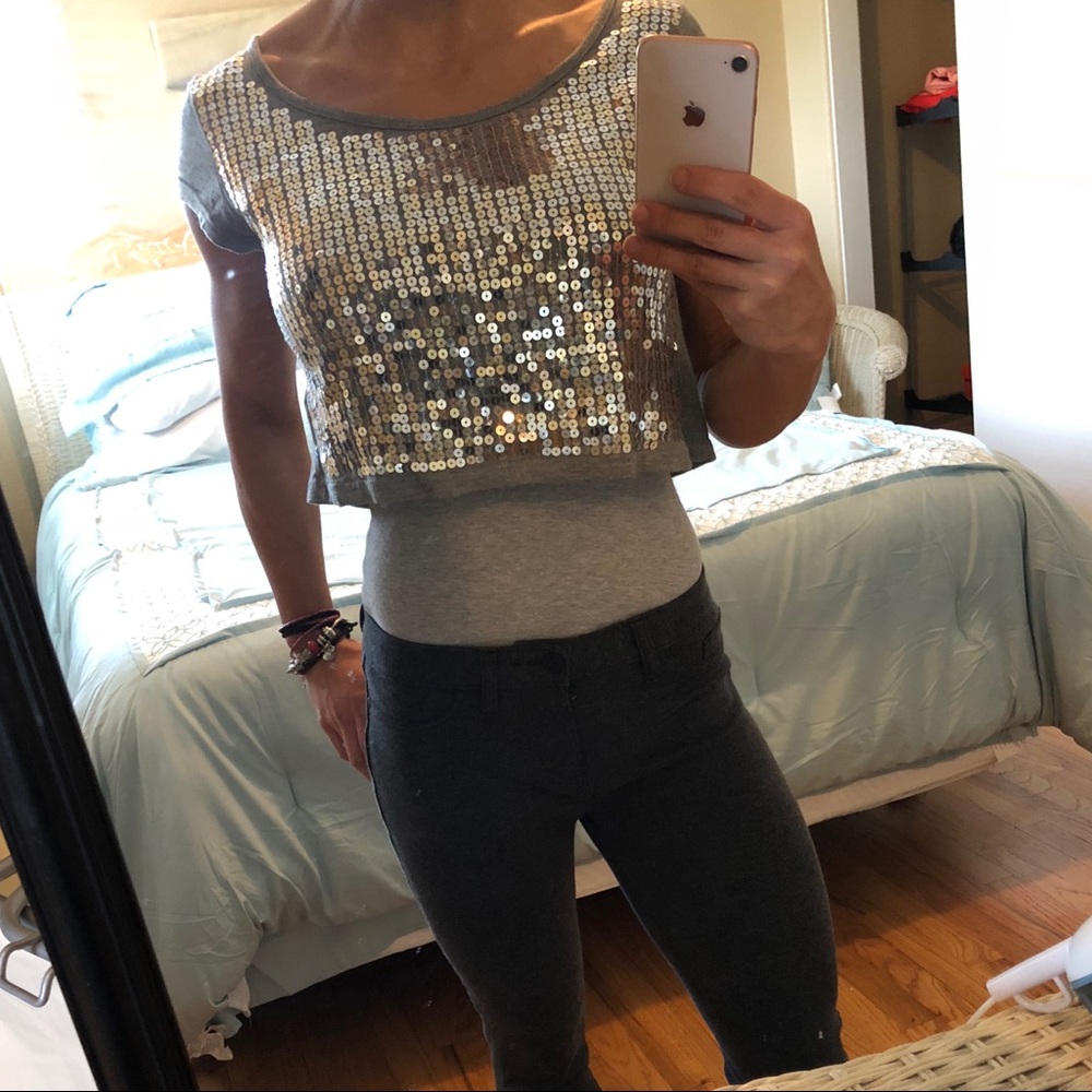 Forever21 sequined grey/silver crop top small