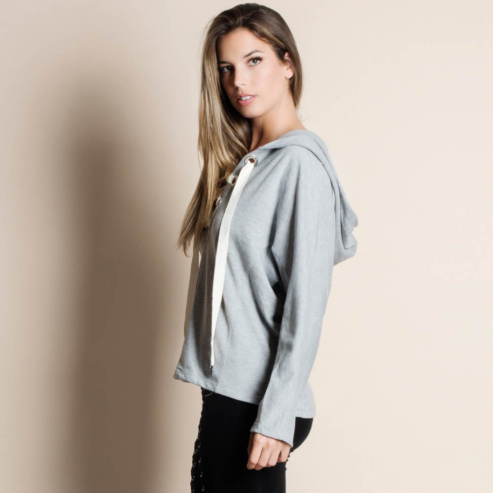 Lace Up Hoodie Sweater Top - Picture 2 of 3