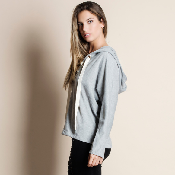 Lace Up Hoodie Sweater Top - Picture 2 of 3