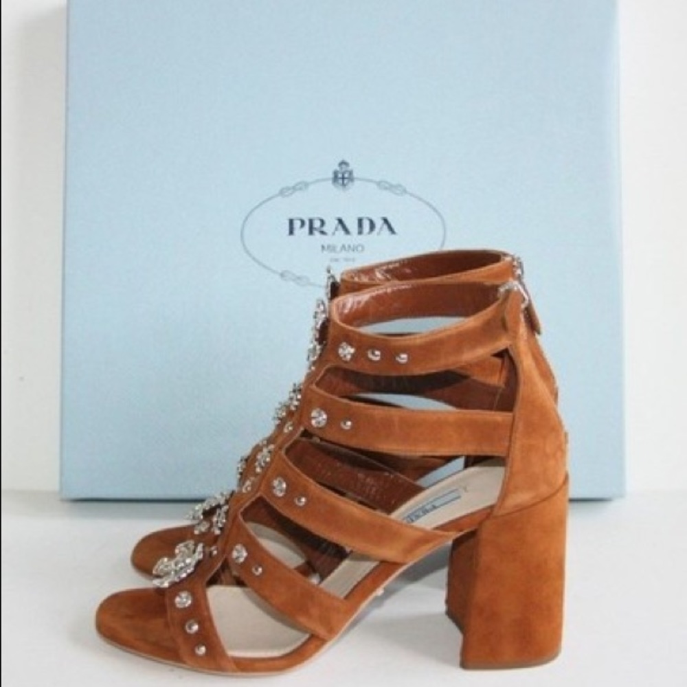 PRADA! New Cognac Flower-embellished Suede  10.5!