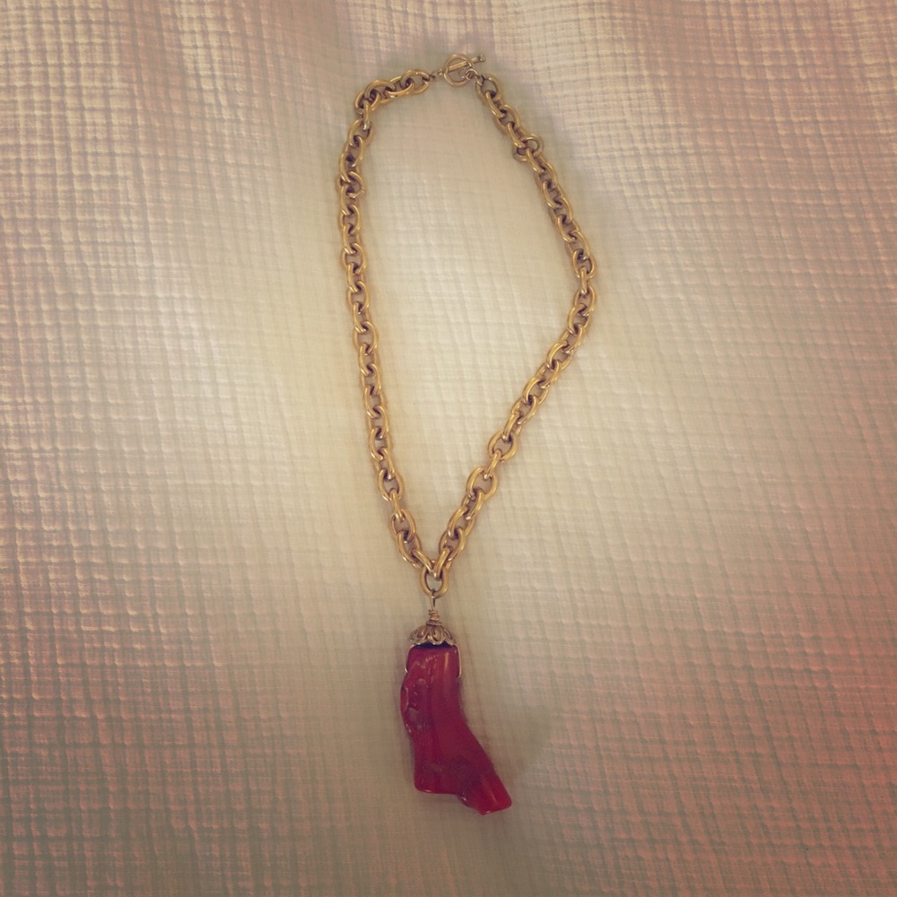 Handmade red coral and gold chain necklace.