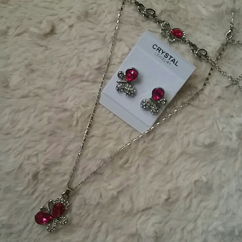 New 3 pc Silver & Rose Red Crystal Set