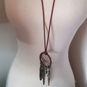 Brown leather long dreamcatcher necklace