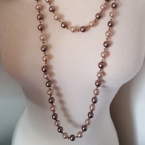 Brown & blush long pearl necklace & earrings