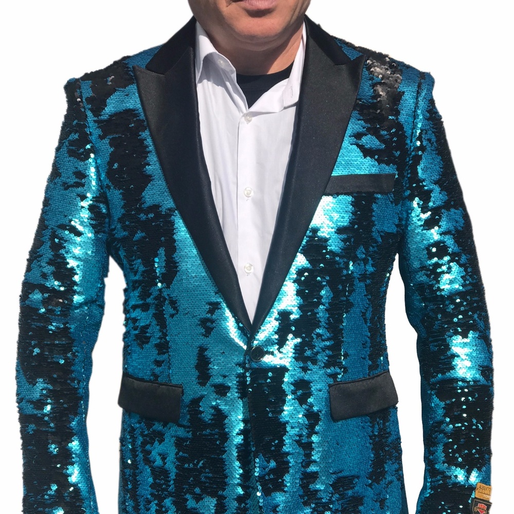 Turquoise Black Sequin Single Breasted XS to 6XL