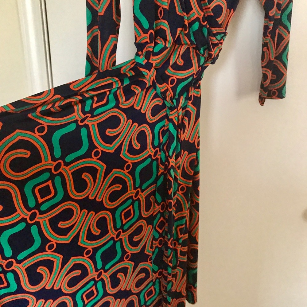Patterned Multicolored Faux Wrap Midi Dress