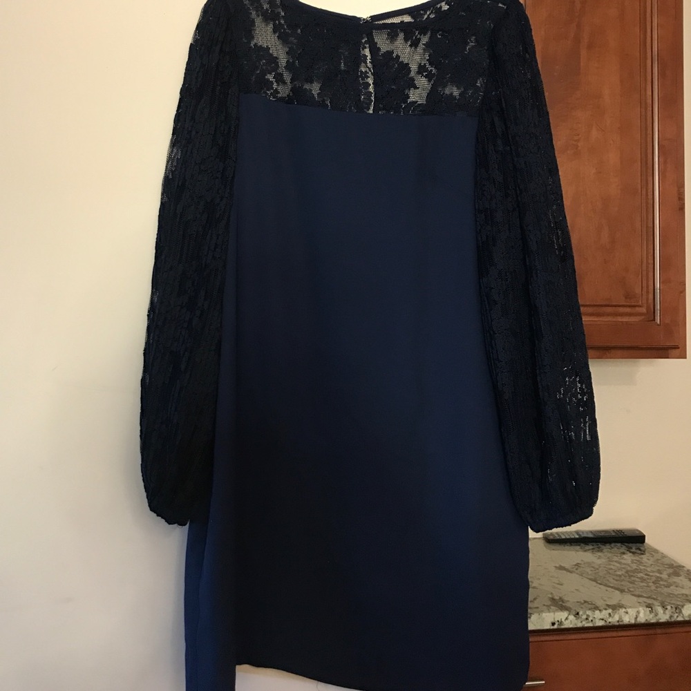 NWT WHBM Blue Dress with Lace top and sleeves