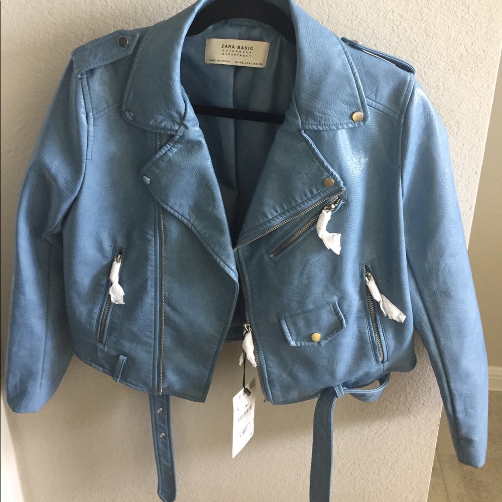 NEW ZARA BLUE BIKER MOTO LEATHER JACKET