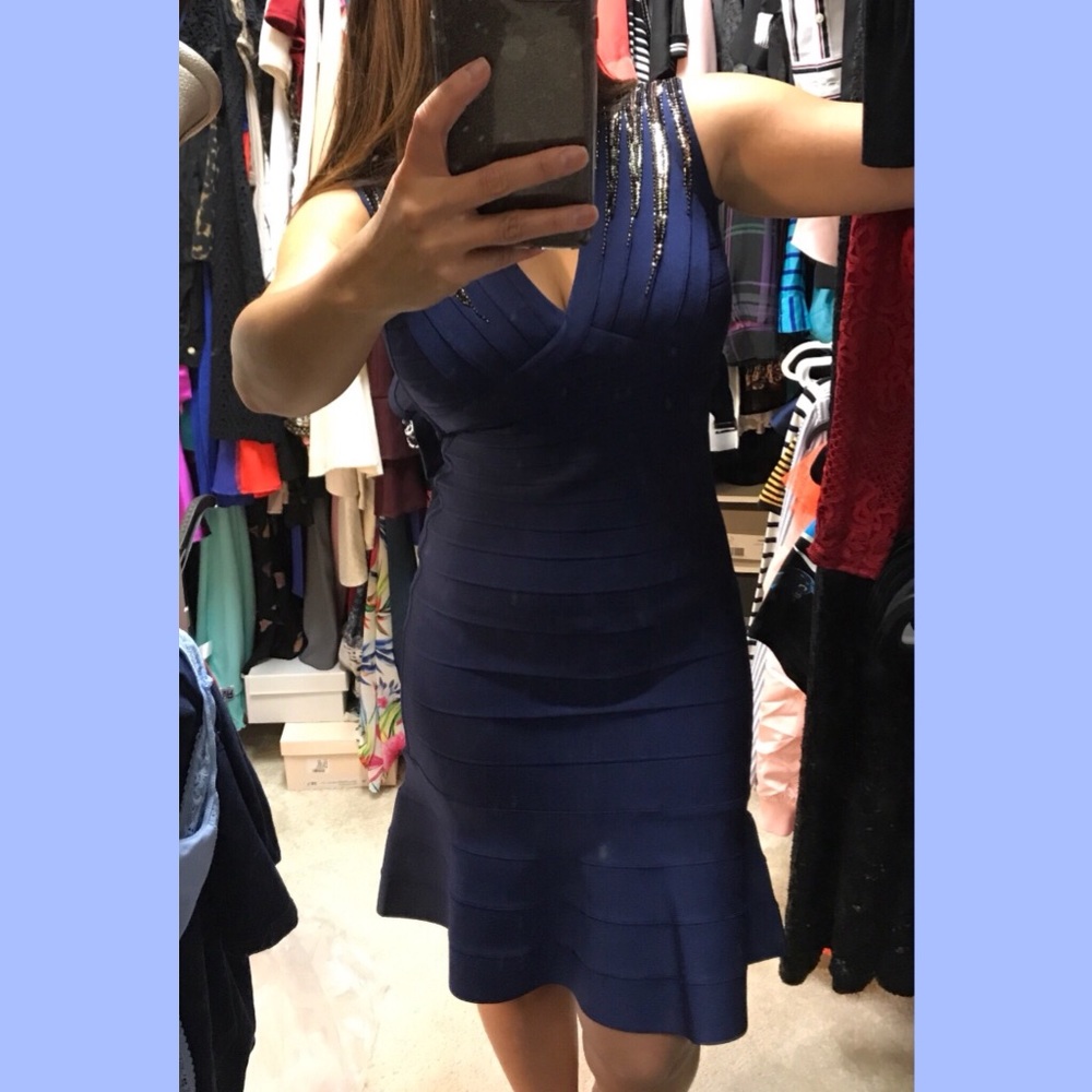 Herve Leger Kneelength Ruffle Embelish Dress