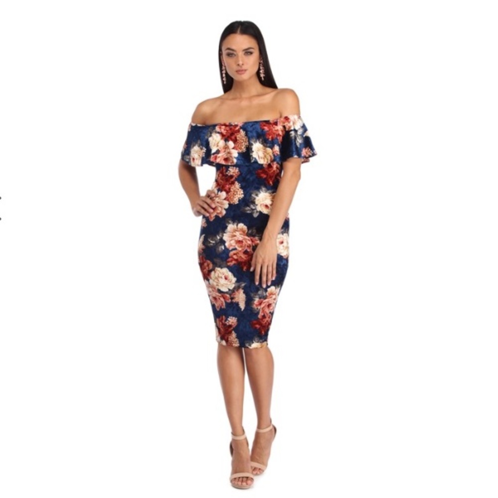 Navy Floral Velvet Bardot Dress