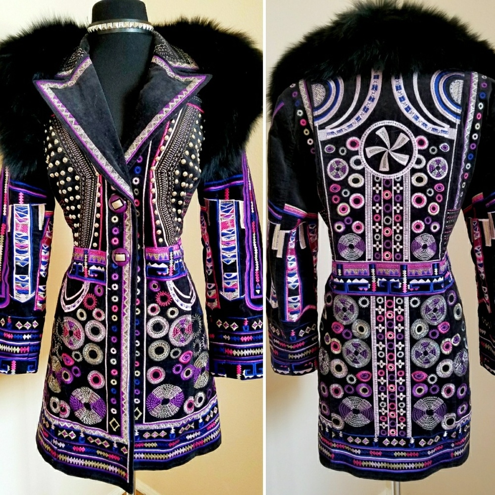 Tapestry Studded Fox Fur Coat Jacket