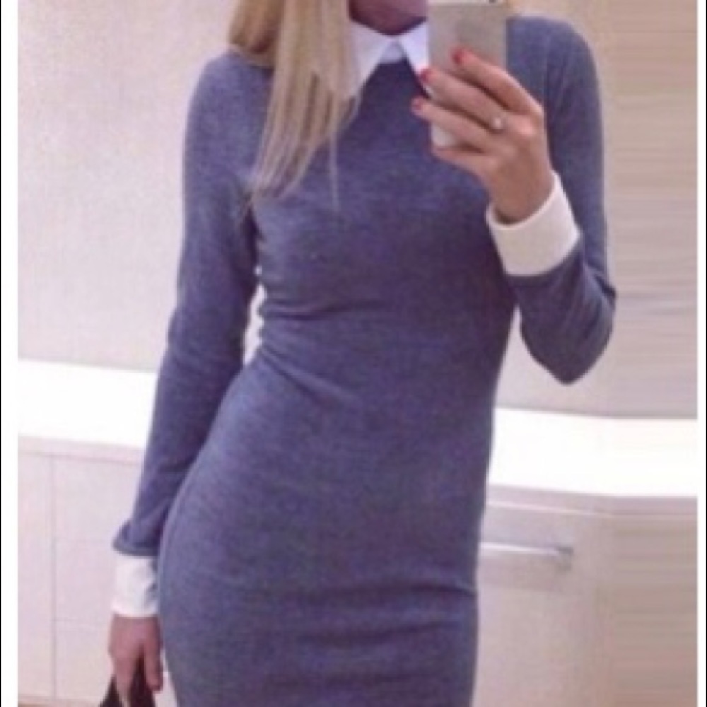 White cuff collar blue sheath dress