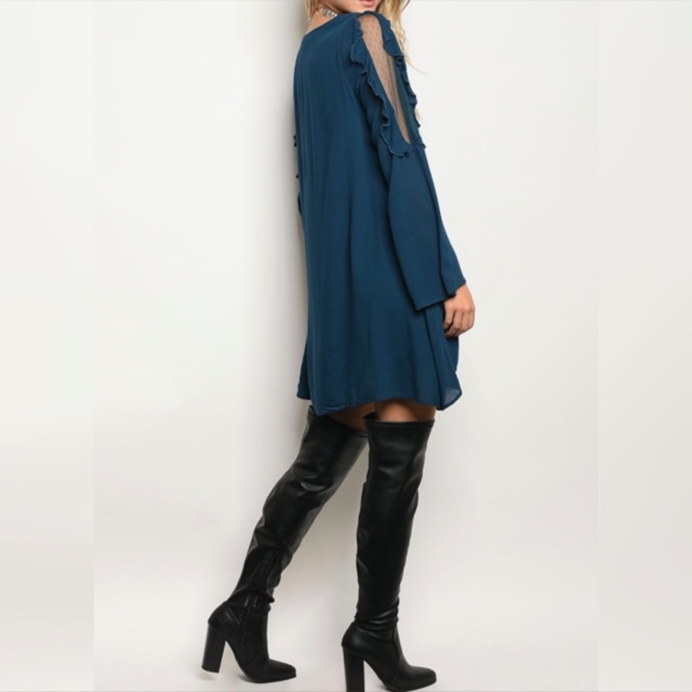 Teal Dress With Ruffles and Mesh Design Detail - Picture 2 of 8