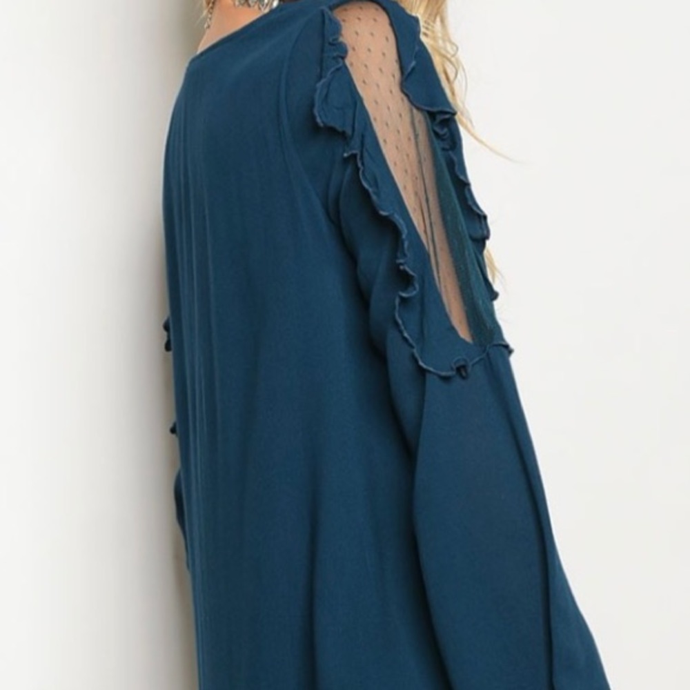 Teal Dress With Ruffles and Mesh Design Detail - Picture 3 of 8