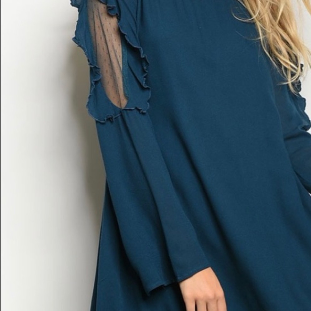Teal Dress With Ruffles and Mesh Design Detail - Picture 4 of 8