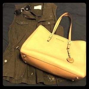 Olive green utility vest, perfect for fall!