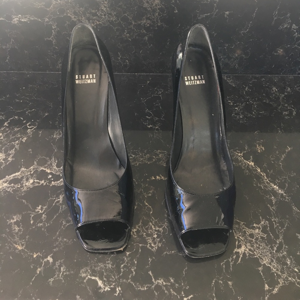 Stuart Weitzman Black Patent Peep Toe Heels