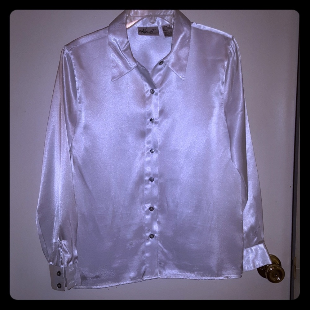 Satiny white button-down blouse