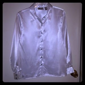 Satiny white button-down blouse