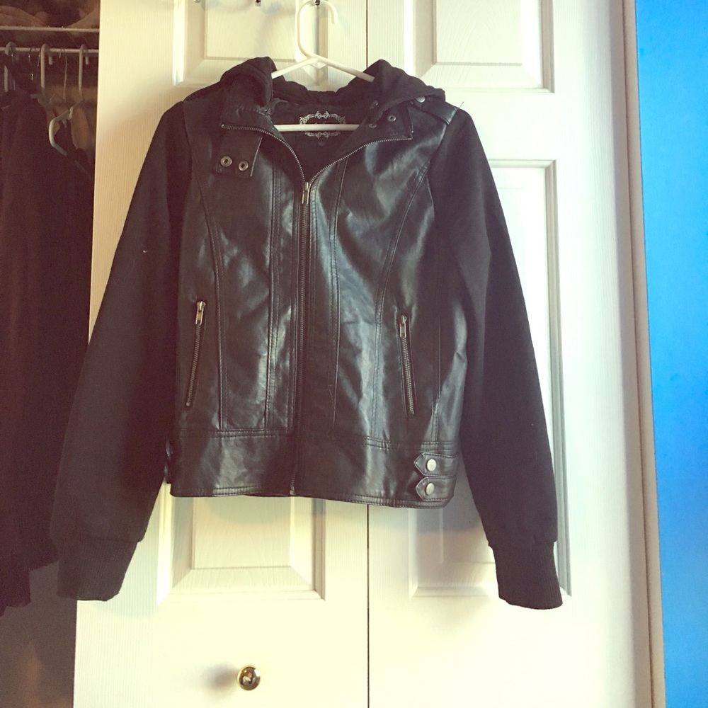 Hooded leather vested jacket