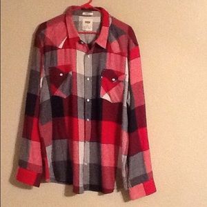 Mens red and blue flannel long sleeve button down
